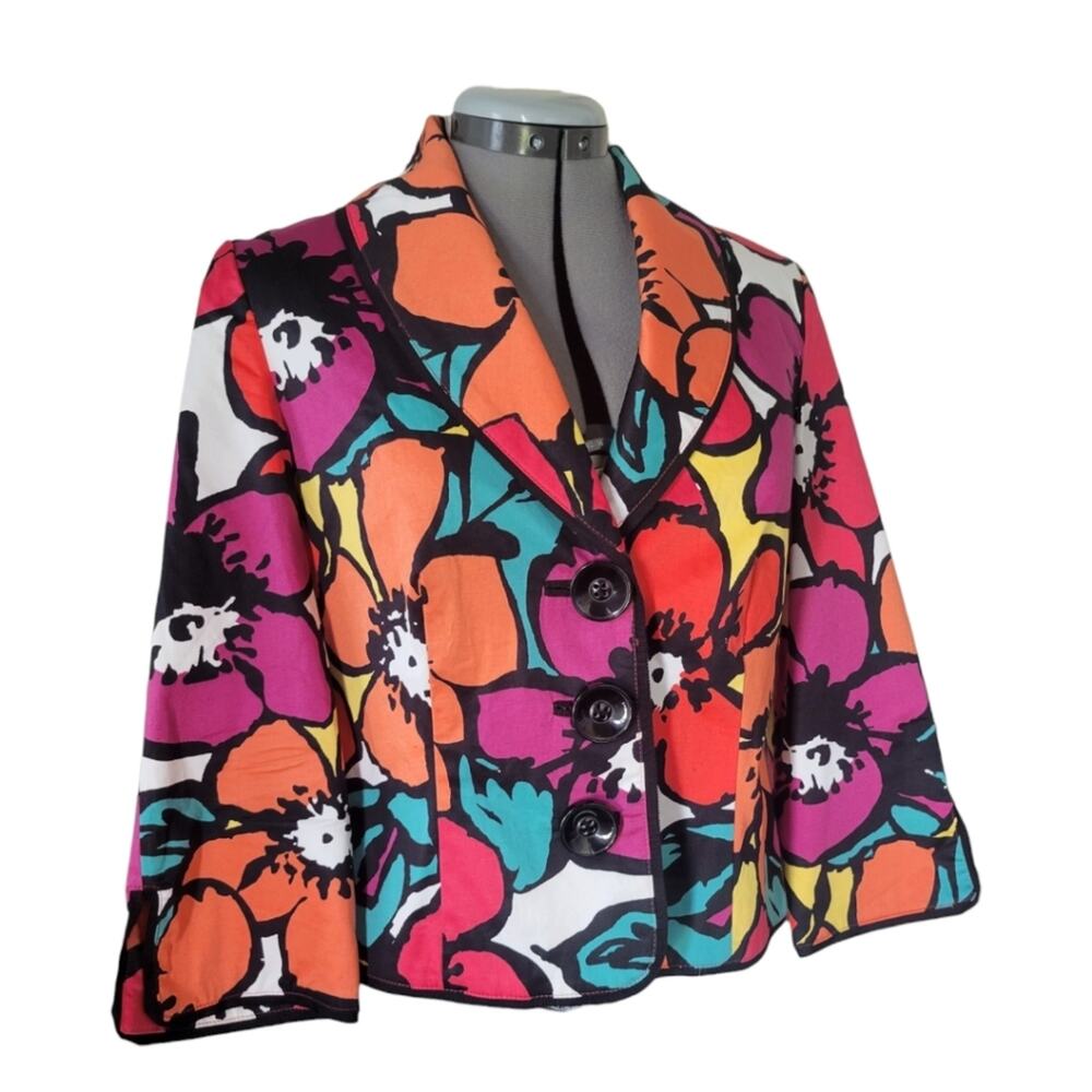Cotton Floral Jacket Blazer Size 4 Spring Pink Orange Turquoise Office